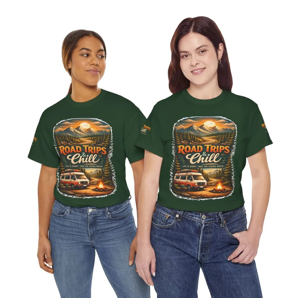 Unisex Heavy Cotton Tee — "Road Trips & Chill" Design Scenic-Line