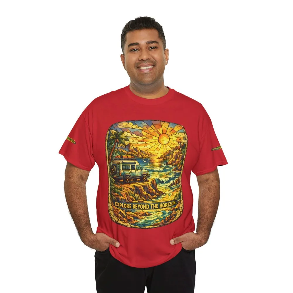 Unisex Heavy Cotton Tee — "Explore Beyond The Horizon" Design Cubic-Line