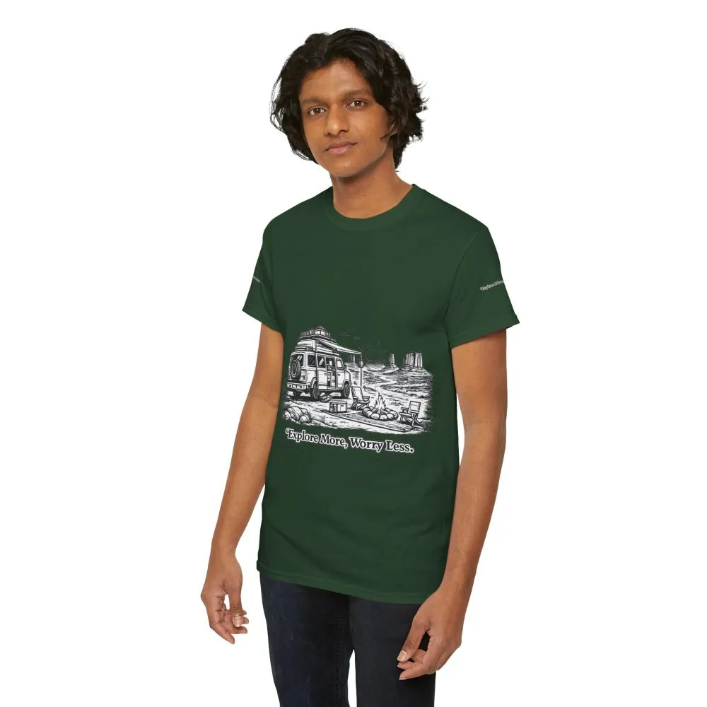 Unisex Heavy Cotton Tee — "Explore More Worry Less" Design Minimal-Line