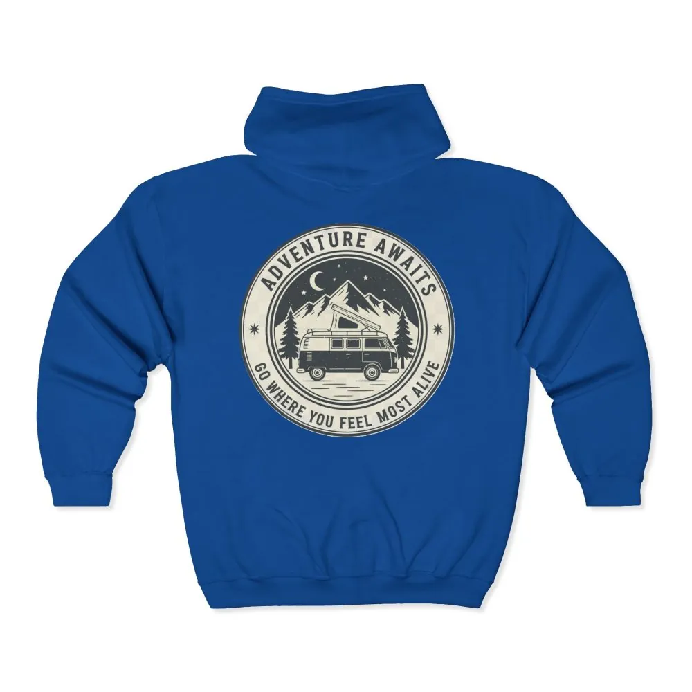 12622070698262392173_2048.jpeg Zip Hoodie — "Adventure Awaits-Go Where You Feel Most Alive" (Only Back Printed) Camper Van Adventure Zip-Up