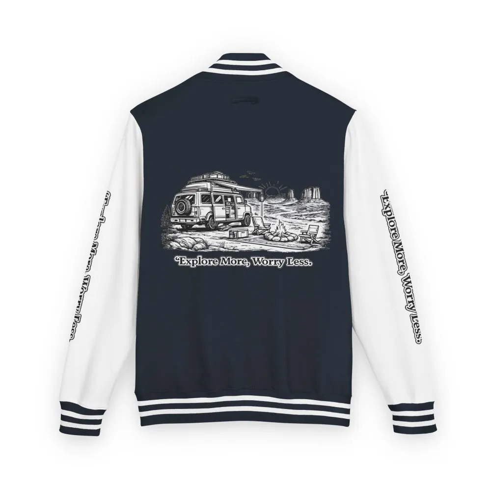 Unisex Heavyweight Letterman Jacket — "Explore More Worry Less" Travel Varsity Coat