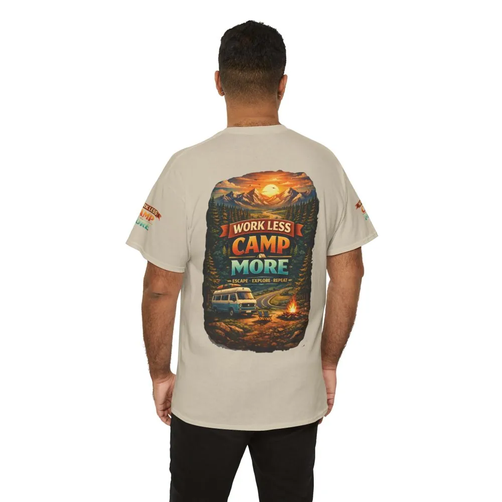 Unisex Heavy Cotton Tee — "Work Less Camp More" Design Scenic-Line