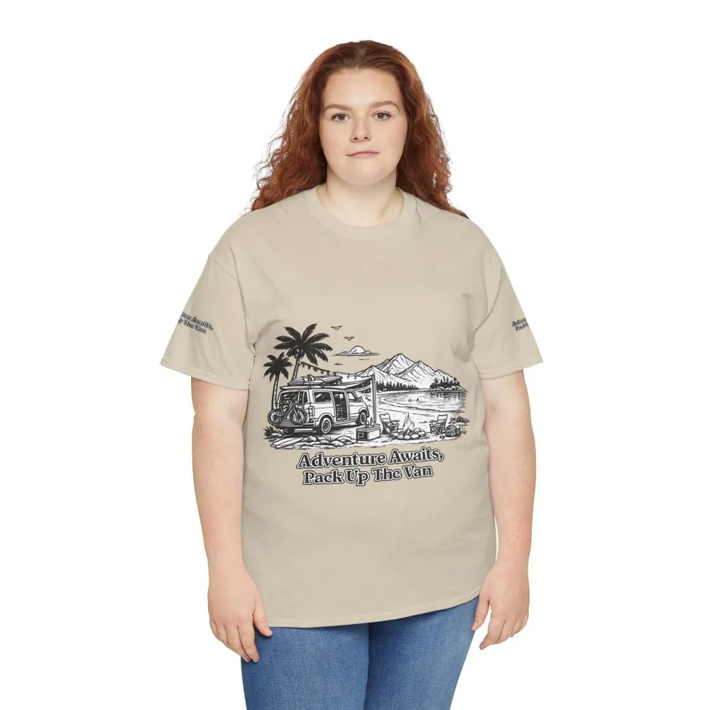 Unisex Heavy Cotton Tee — "Adventure Awaits,Pack Up The Van" Design Minimal-Line