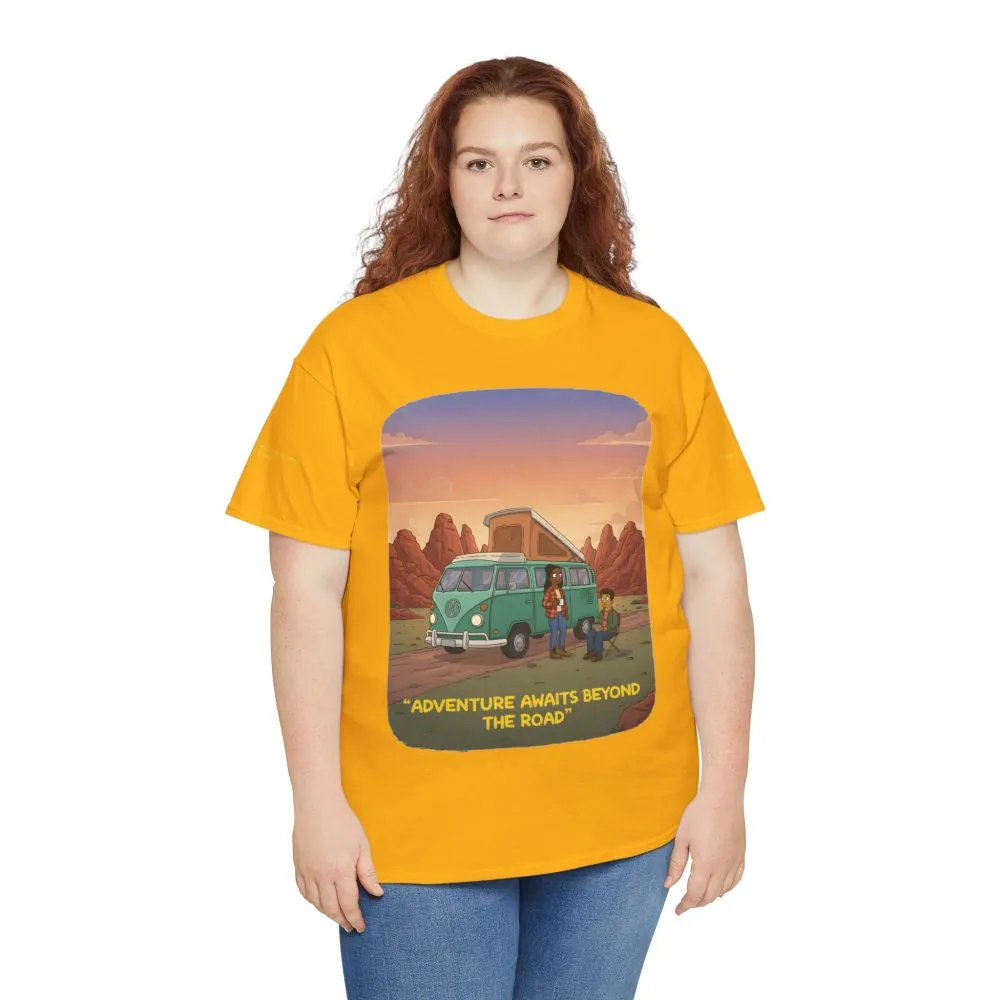 Unisex Heavy Cotton Tee — "Adventure Awaits Beyond The Road" Design Sitcom-Line