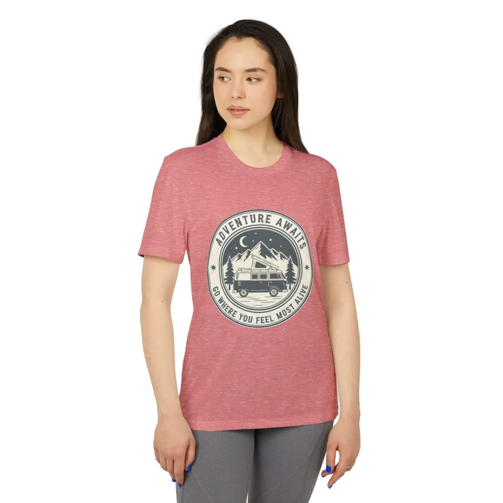 T-Shirt(Adidas) - 'Adventure Awaits-Go Where You Feel Most Alive' (Front + back printed)