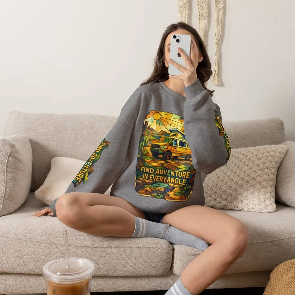 Unisex Heavy Blend™ Crewneck Sweatshirt — "Find Adventure In Every Corner" Design Cubic-Line
