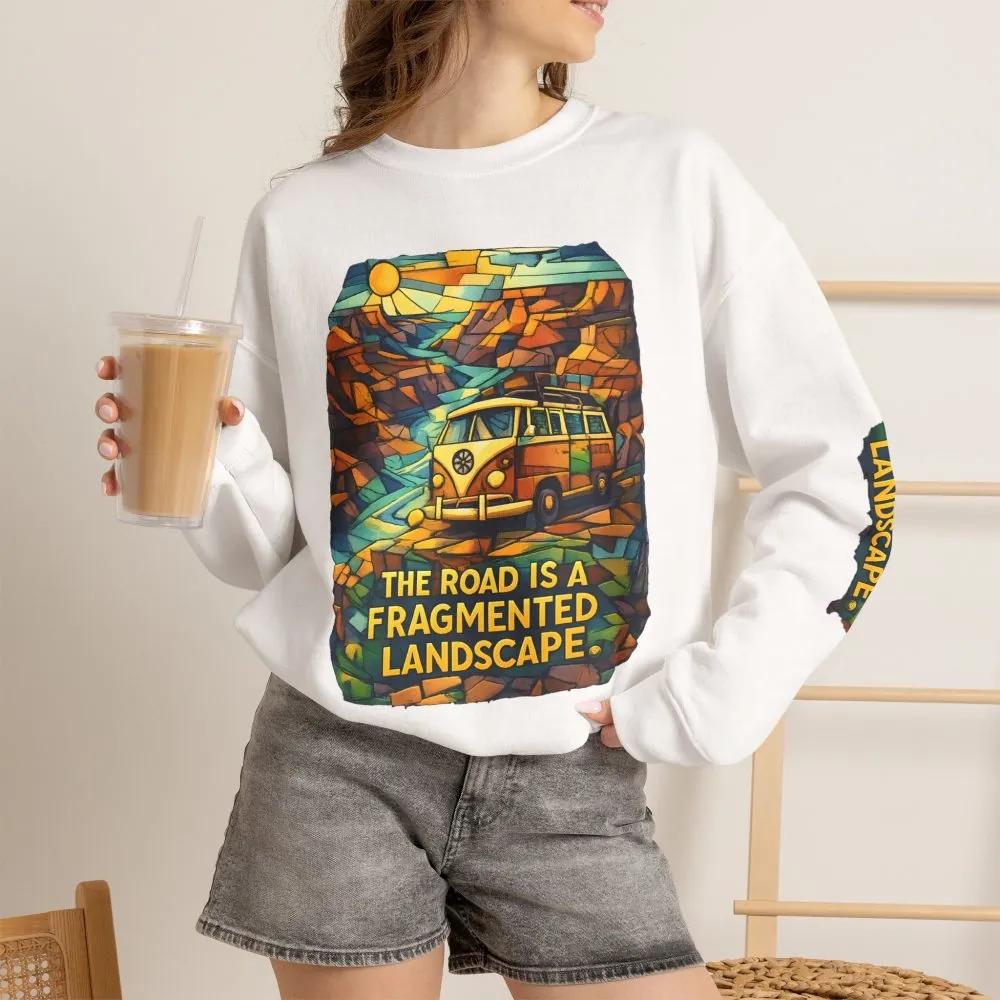 Unisex Heavy Blend™ Crewneck Sweatshirt — "The Road Is A Fragmented Landscape" Design Cubic-Line