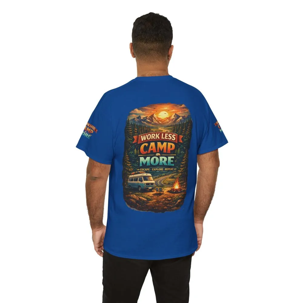 Unisex Heavy Cotton Tee — "Work Less Camp More" Design Scenic-Line