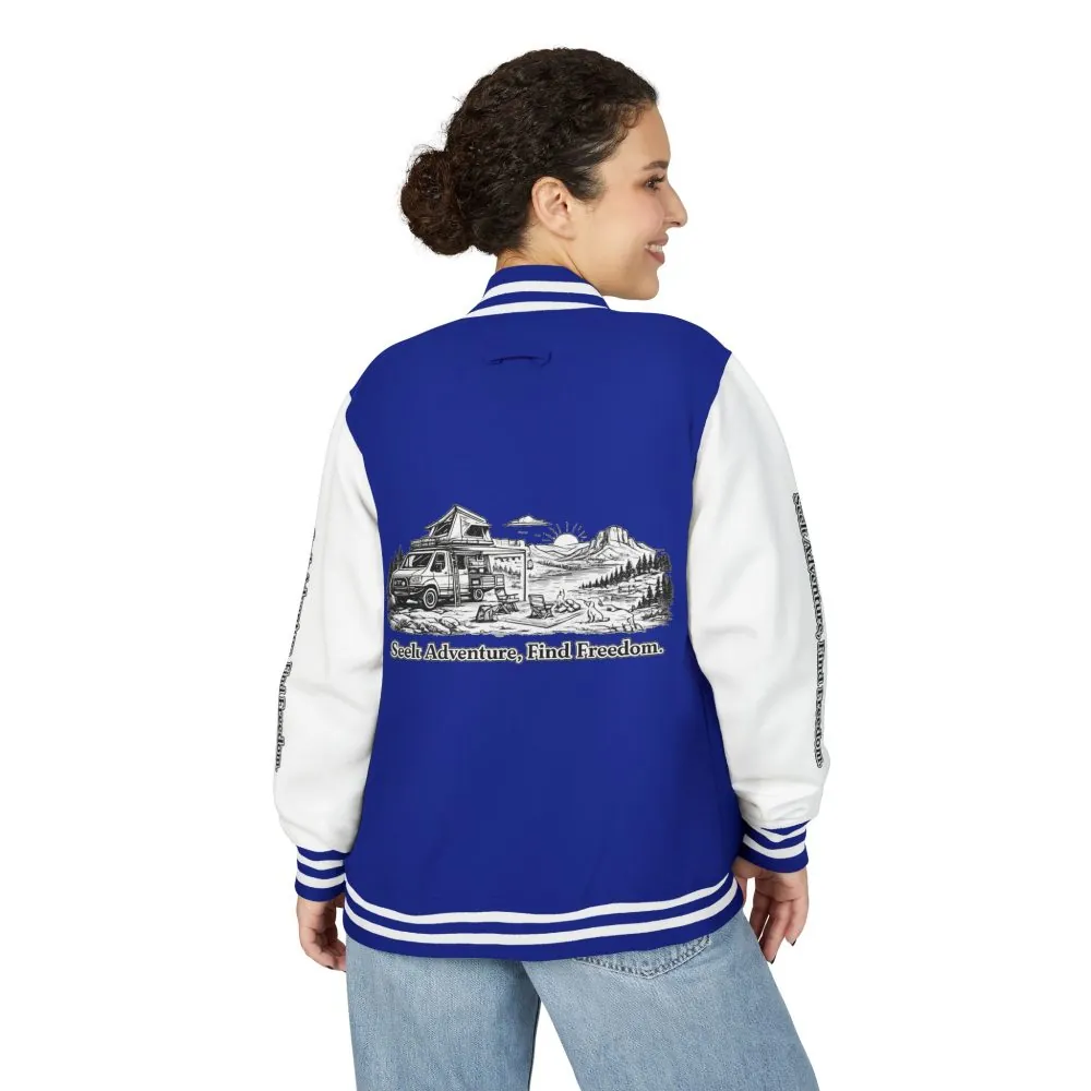 12733502040141253088_2048.jpeg Unisex Heavyweight Letterman Jacket — "Seek Adventure, Find Freedom" Travel Varsity Coat