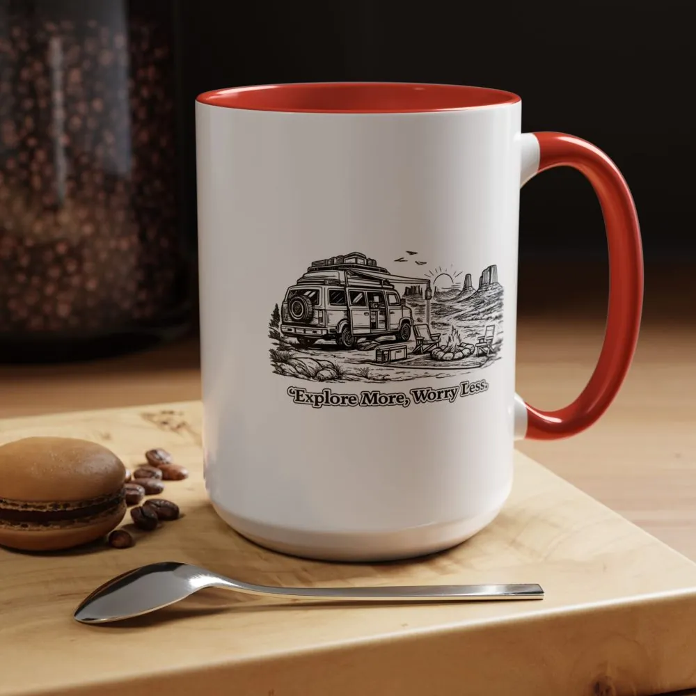 Accent Coffee Mug (11, 15oz) — "Explore More Worry Less" Design Minimal-Line
