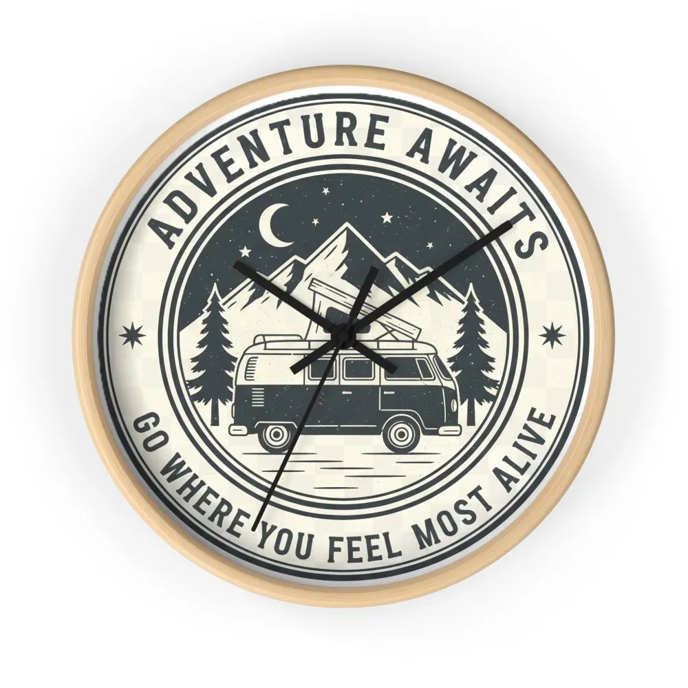 12746830974341817694_2048.jpeg Wall Clock — "Adventure Awaits-Go Where You Feel Most Alive" Camper Van Mountain Travel Timepiece