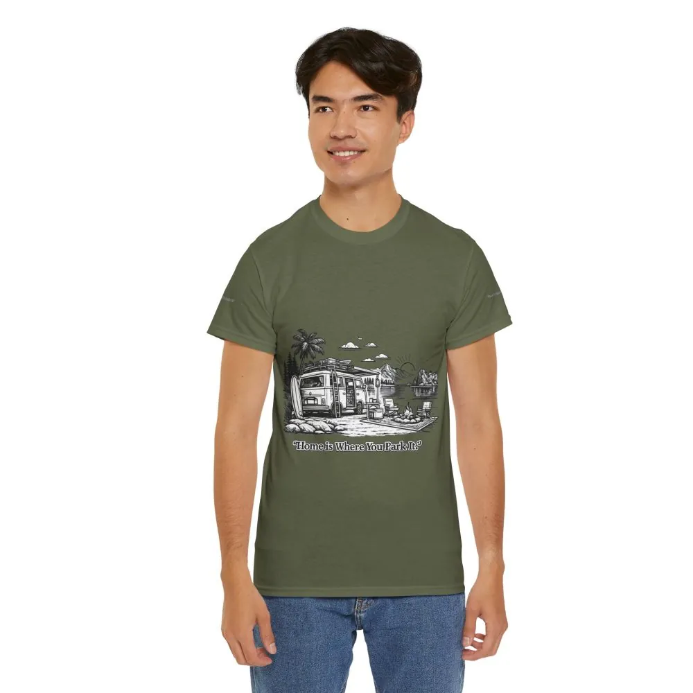 Unisex Heavy Cotton Tee — "Home Is Where You Park It" Design Minimal-Line