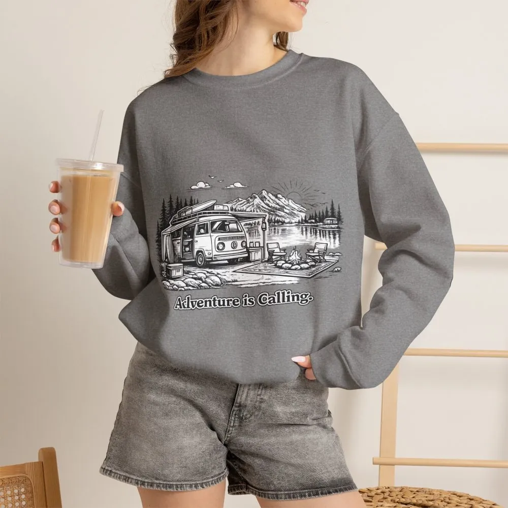 Unisex Heavy Blend™ Crewneck Sweatshirt — "Adventure Is Calling" Design Minimal-Line