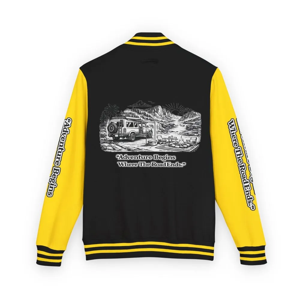 Unisex Heavyweight Letterman Jacket — "Adventure Begins Where The Road Ends" Travel Varsity Coat