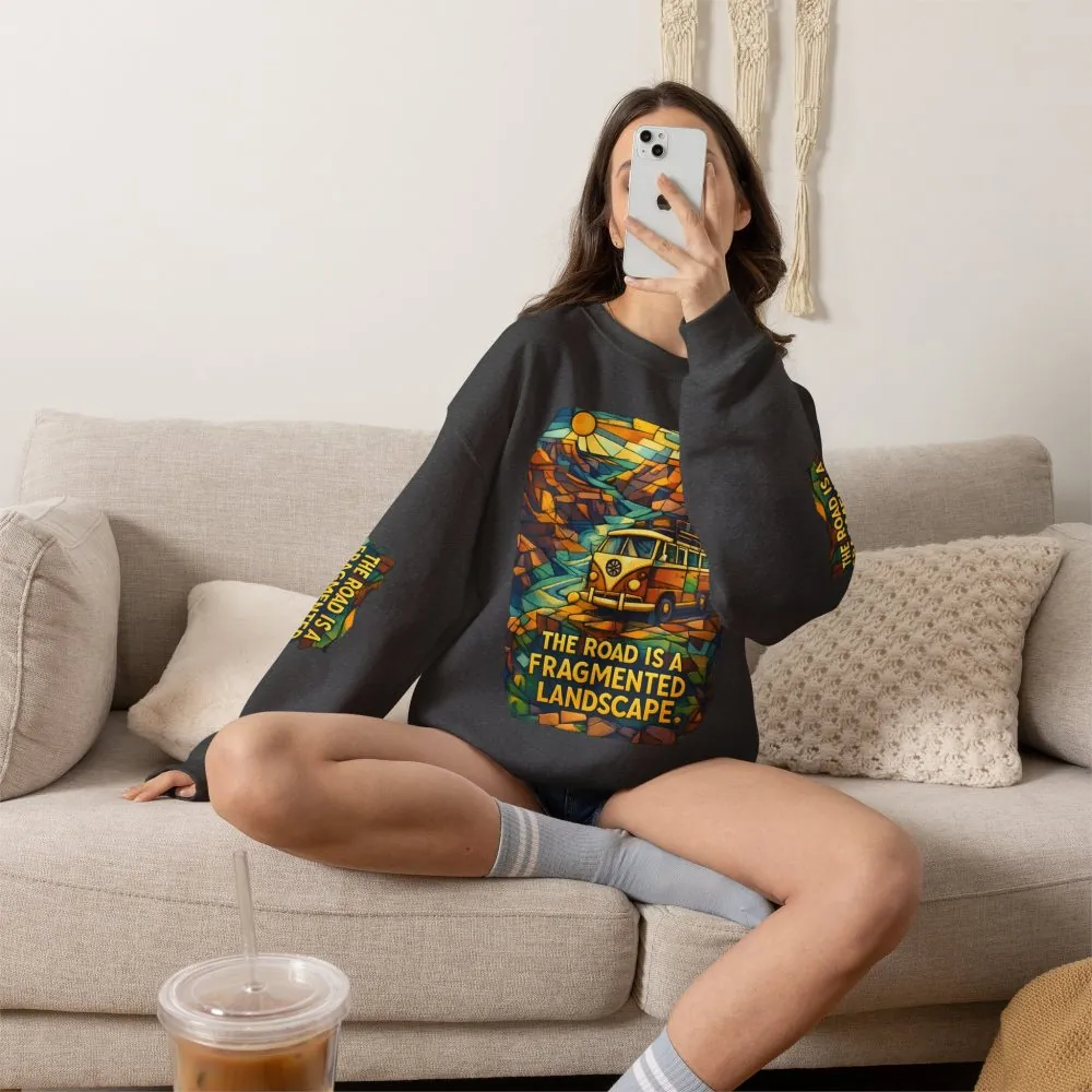 Unisex Heavy Blend™ Crewneck Sweatshirt — "The Road Is A Fragmented Landscape" Design Cubic-Line