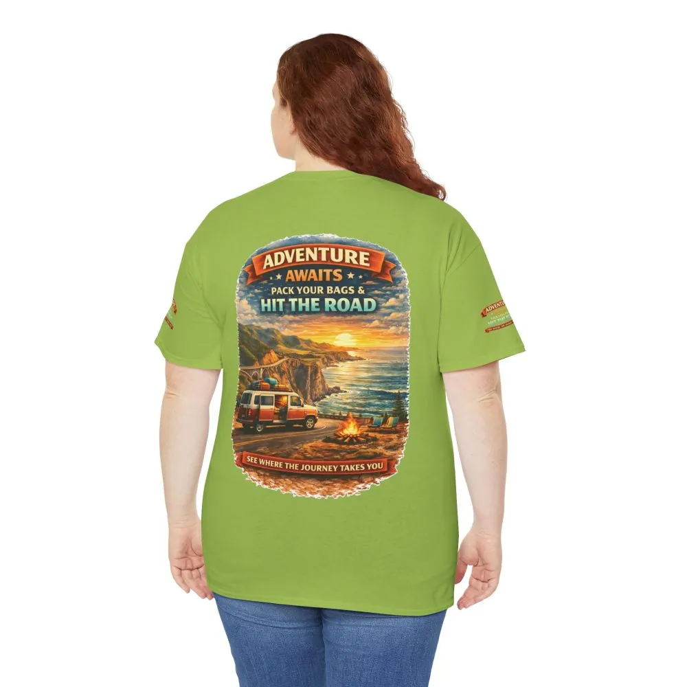 Unisex Heavy Cotton Tee — "Adventure Awaits-Pack Your Bags" Design Scenic-Line