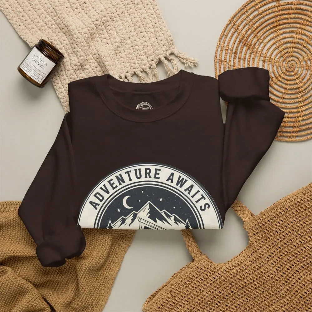 Crewneck Sweatshirt — "Adventure Awaits-Go Where You Feel Most Alive" (Font + Back + Sleaves printed) Vintage Camper Van Outdoor Graphic