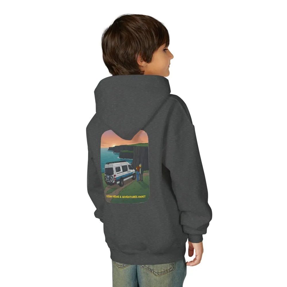 Youth Hoodie(Gildan) – "Ocean Views-Adventures Awaits" (Design Sitcom-Line)