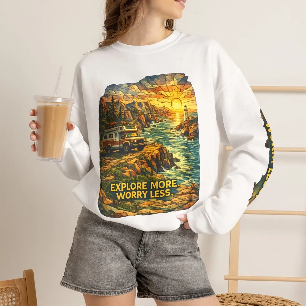 Unisex Heavy Blend™ Crewneck Sweatshirt — "Explore More Worry Less" Design Cubic-Line