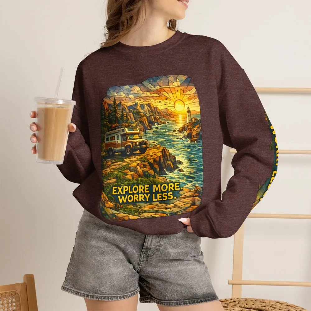 Unisex Heavy Blend™ Crewneck Sweatshirt — "Explore More Worry Less" Design Cubic-Line