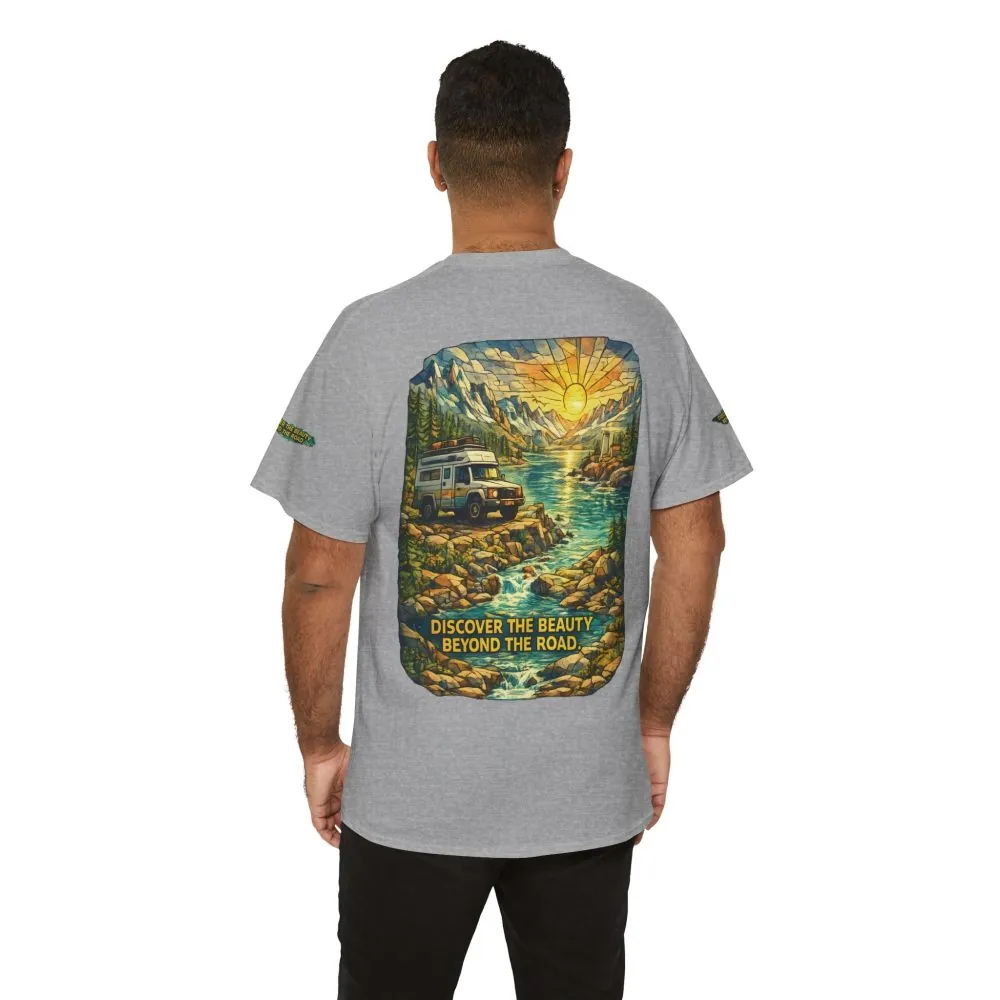 Unisex Heavy Cotton Tee — "Discover The Bieuty Beyond The Road" Design Cubic-Line