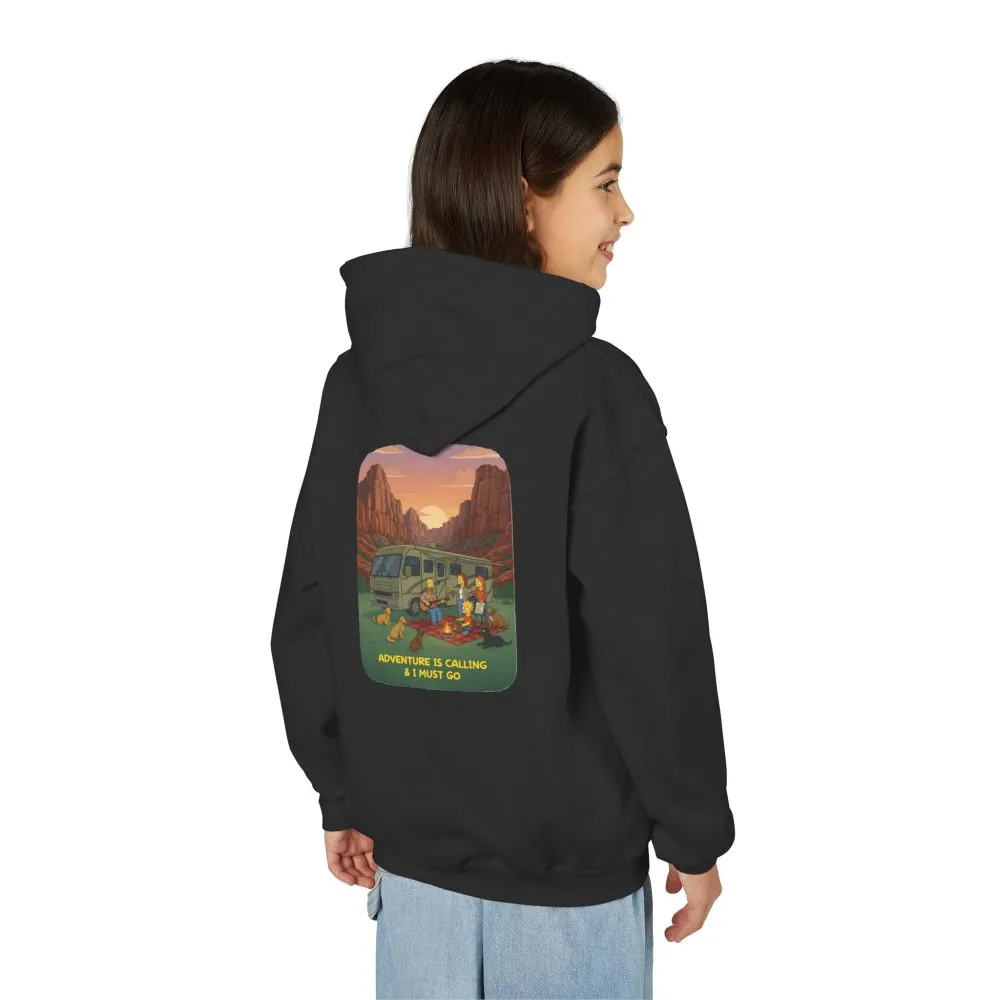 Youth Hoodie(Gildan) – "Adventure Is Calling-I Must Go" (Design Sitcom-Line)