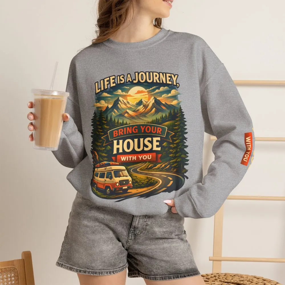 Unisex Heavy Blend™ Crewneck Sweatshirt — "Live Is A Journey-Bring Your House With You" Design Scenic-Line