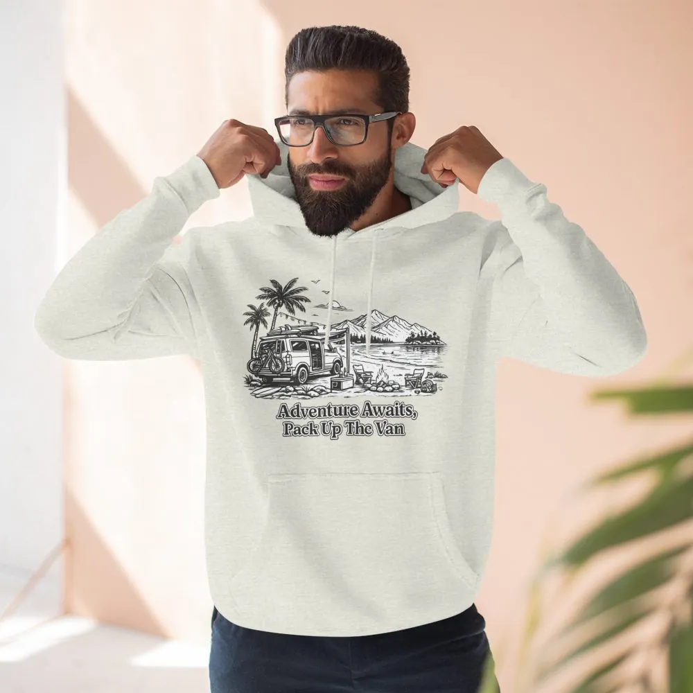Three-Panel Fleece Hoodie - "Adventure Awaits,Pack Up The Van" Design Minimal-Line