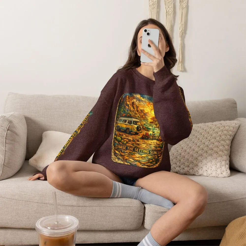 Unisex Heavy Blend™ Crewneck Sweatshirt — "Chase The Settings Sun" Design Cubic-Line