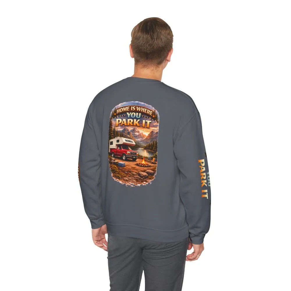 Unisex Heavy Blend™ Crewneck Sweatshirt — "Home Is Where You Park It" Design Scenic-Line