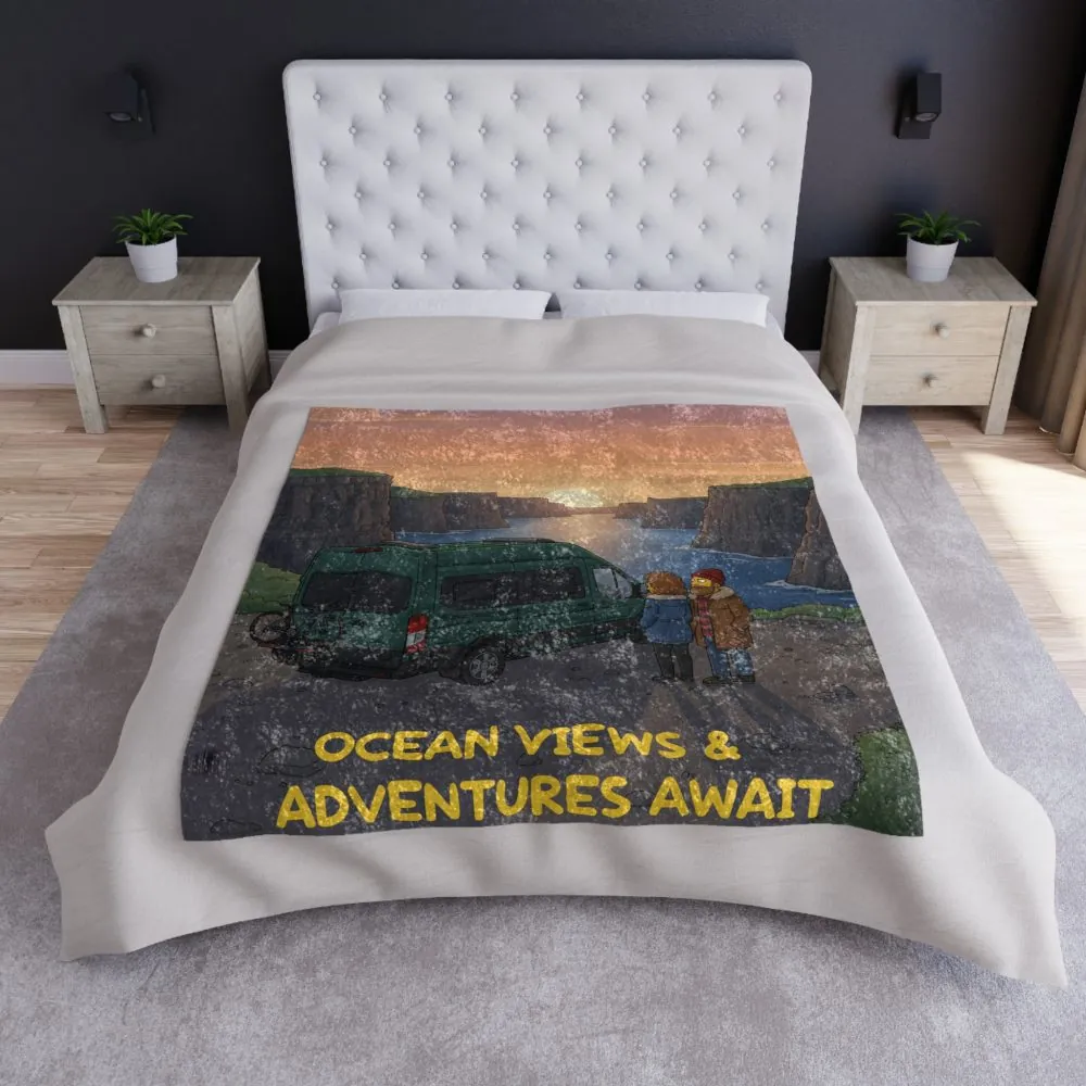 Crushed Velvet Blanket —"Ocean Views-Adventures Awaits" Design Sitcom-Line (Campervan)