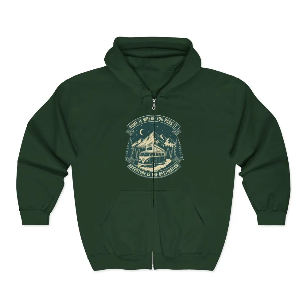 12890412030591763249_2048.jpeg Zip Hoodie — "Home Is Where You Park It-Adventure is the destination"(Front + Back Printed) Camper Van Adventure Zip-Up