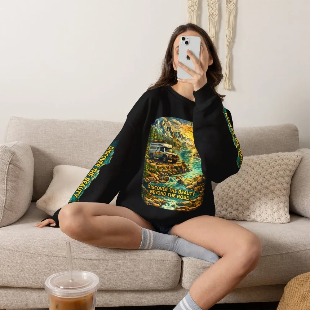 Unisex Heavy Blend™ Crewneck Sweatshirt — "Discover The Bieuty Beyond The Road" Design Cubic-Line