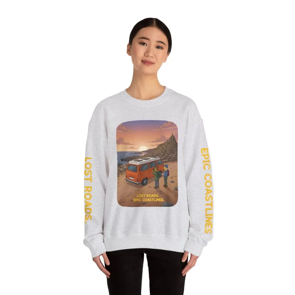 Unisex Heavy Blend™ Crewneck Sweatshirt — "Lost Roads Epic Coastlines" Design Sitcom-Line