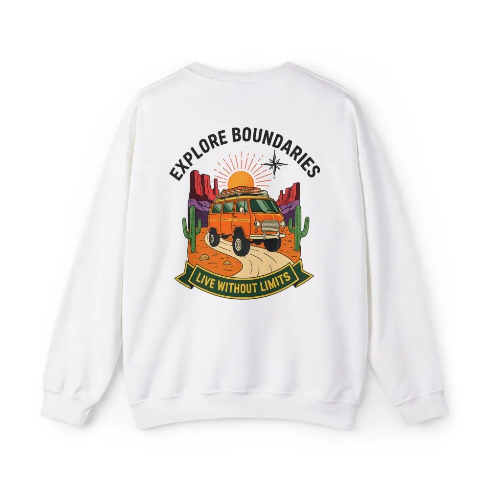 12902587101700069349_2048.jpeg Crewneck Sweatshirt — “Explore Bounderies-Live Without Limits” Desert Road Trip Graphic