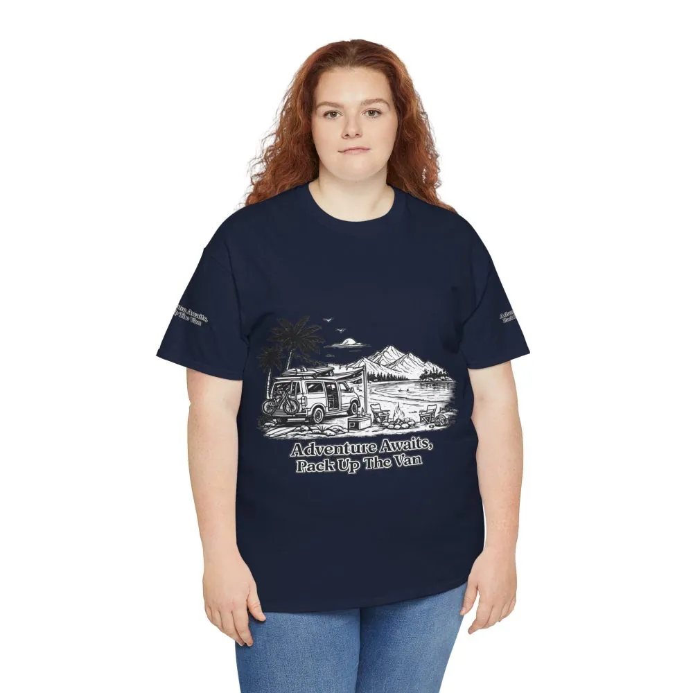 Unisex Heavy Cotton Tee — "Adventure Awaits,Pack Up The Van" Design Minimal-Line
