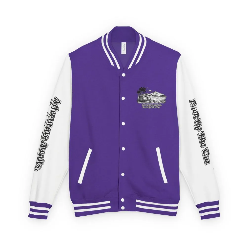 Unisex Heavyweight Letterman Jacket — "Adventure Awaits,Pack Up The Van" Travel Varsity Coat
