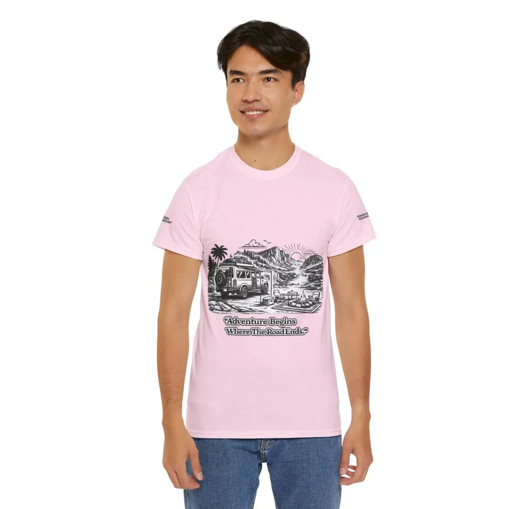Unisex Heavy Cotton Tee — "Adventure Begins Where The Road Ends" Design Minimal-Line
