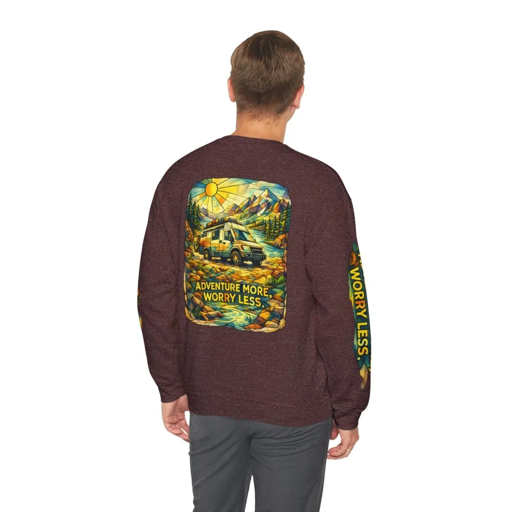 Unisex Heavy Blend™ Crewneck Sweatshirt — "Adventure More Worry Less" Design Cubic-Line