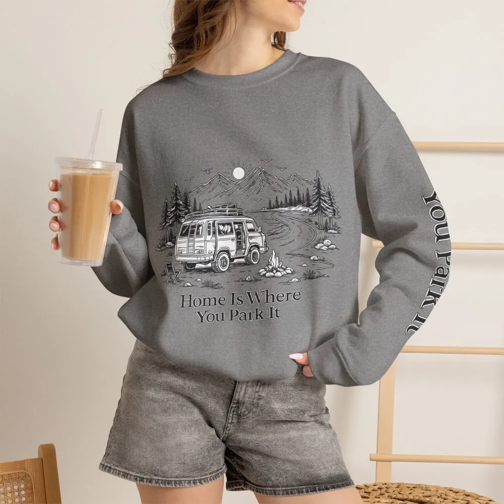 Unisex Heavy Blend™ Crewneck Sweatshirt — "Home Is Where You Park It" Design Minimal-Line