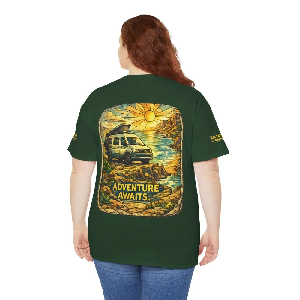 Unisex Heavy Cotton Tee — "Adventure Awaits" Design Cubic-Line