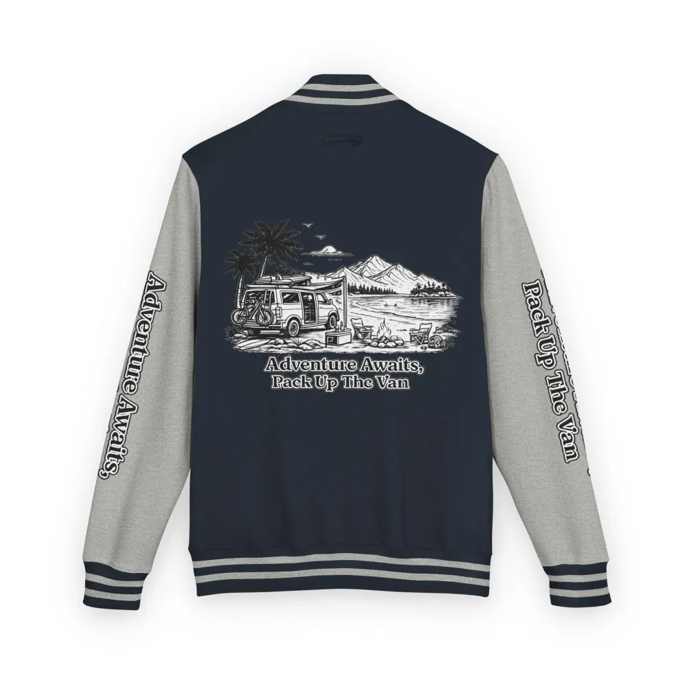 Unisex Heavyweight Letterman Jacket — "Adventure Awaits,Pack Up The Van" Travel Varsity Coat