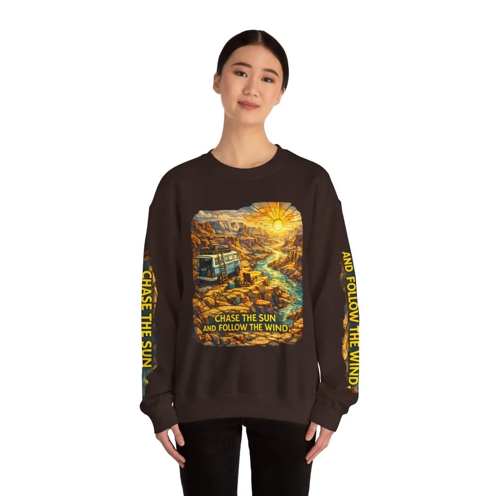 Unisex Heavy Blend™ Crewneck Sweatshirt — "Chase The Sun And Follow The Wind" Design Cubic-Line