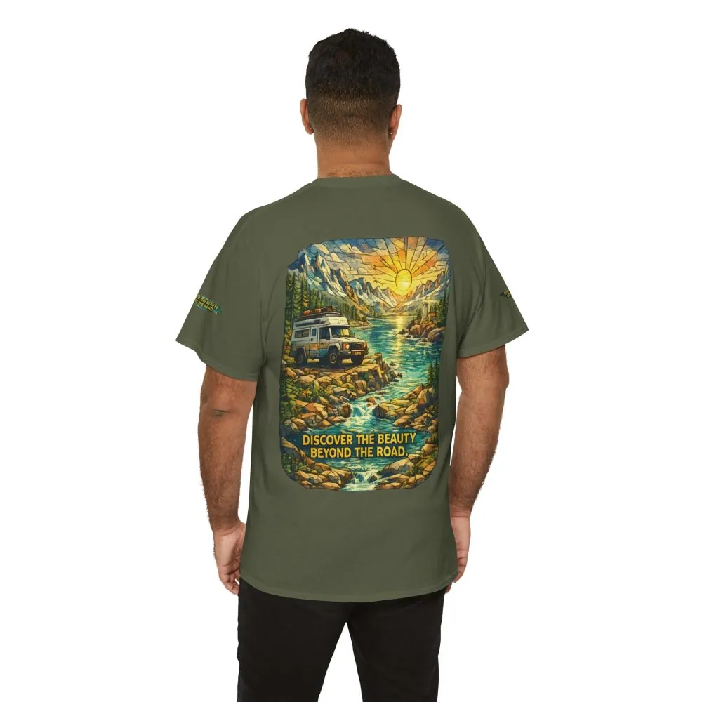 Unisex Heavy Cotton Tee — "Discover The Bieuty Beyond The Road" Design Cubic-Line