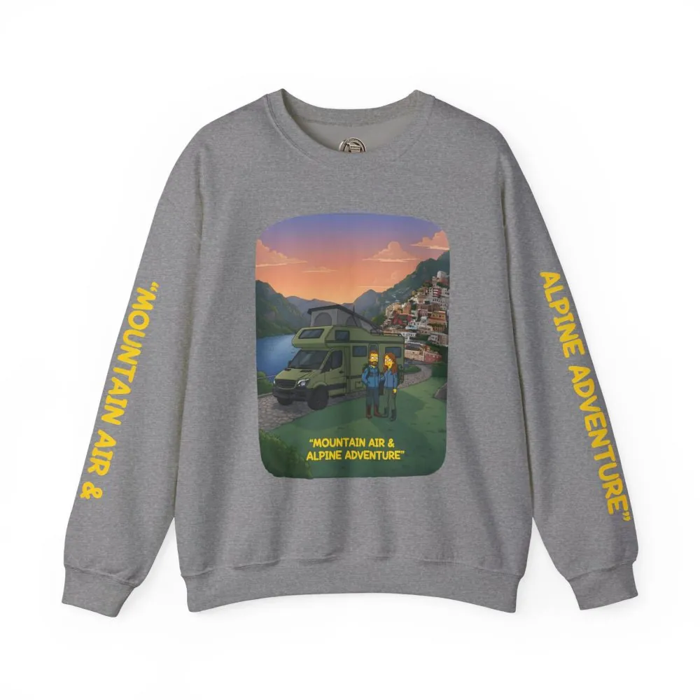 Unisex Heavy Blend™ Crewneck Sweatshirt — "Mountain Air And Alpine Adventure"" Design Sitcom-Line