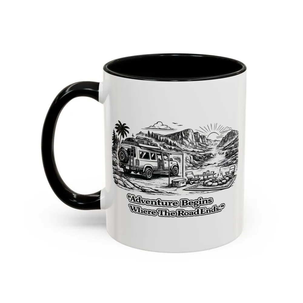 Accent Coffee Mug (11, 15oz) — "Adventure Begins Where The Road Ends" Design Minimal-Line