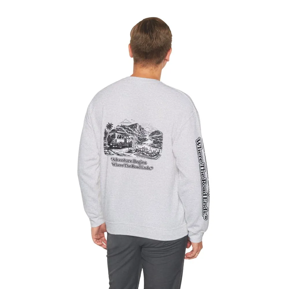 Unisex Heavy Blend™ Crewneck Sweatshirt — "Adventure Begins Where The Road Ends" Design Minimal-Line