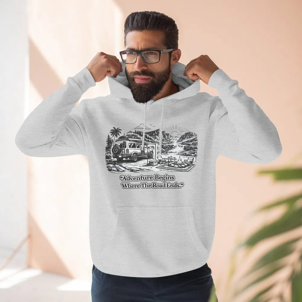 129698800063458906_2048.jpeg Three-Panel Fleece Hoodie - "Adventure Begins Where The Road Ends" Design Minimal-Line