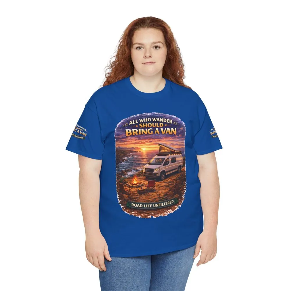 Unisex Heavy Cotton Tee — "All Who wander Should Bring A Van" Design Scenic-Line