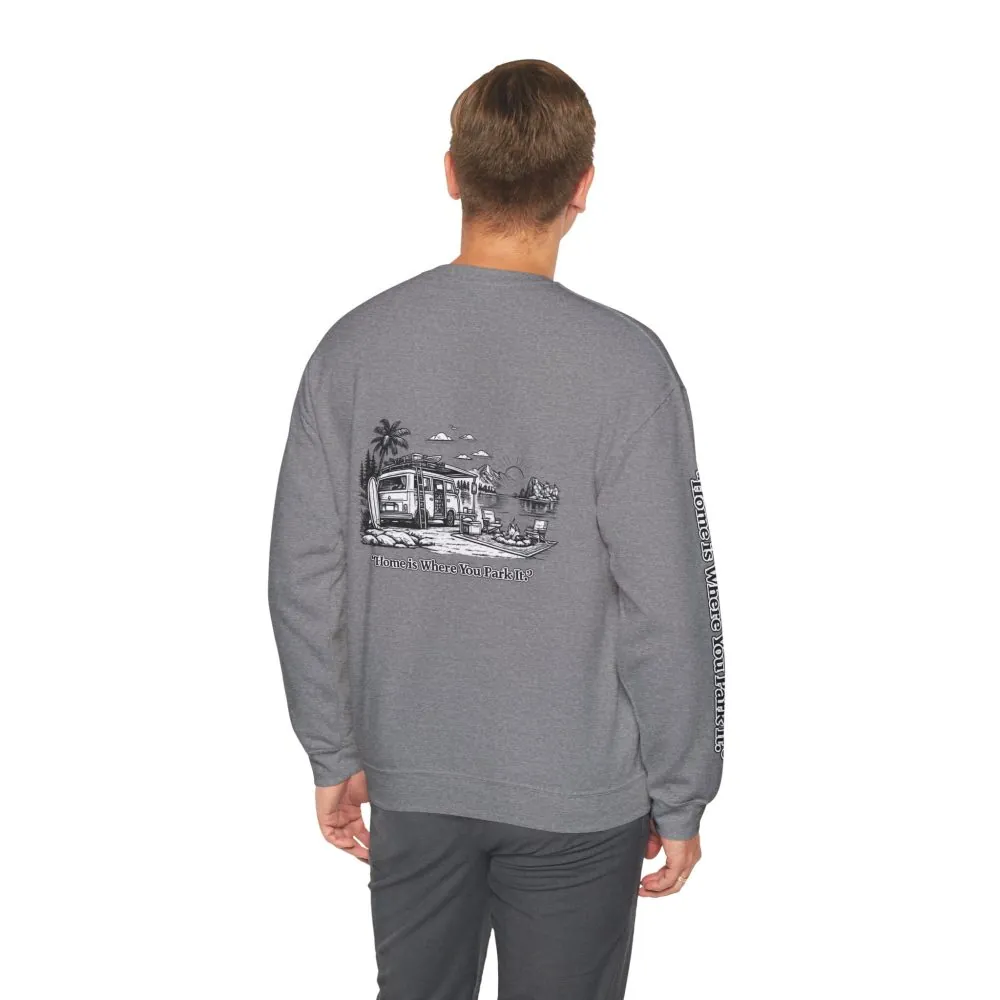Unisex Heavy Blend™ Crewneck Sweatshirt — "Home Is Where You Park It" Design Minimal-Line